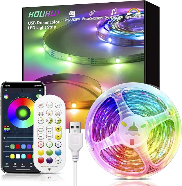 10M Dreamcolor LED Strip Lights with Remote,Rgbic Led Lights Dynamic Color Changing Rainbow Lighting Strip,USB 5V Music Sync Led Light Strip with Bluetooth APP Control,Led Strip for TV Bedroom Party