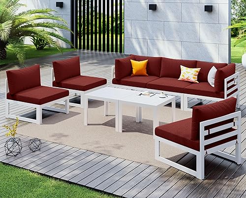 Miniatura 145 de NICESOUL 7 Piece White Powder-Coated Aluminum Patio Furniture with Fire Pit Table, 29 Inch Extra Wide Outdoor Sectional Sofa for 6, High-End Heavy