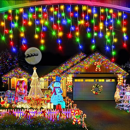 Luces de Navidad de 66 pies para decoración al aire libre, 640 LED, 8 modos, cortina de luces con 120 gotas, temporizador impermeable con función de