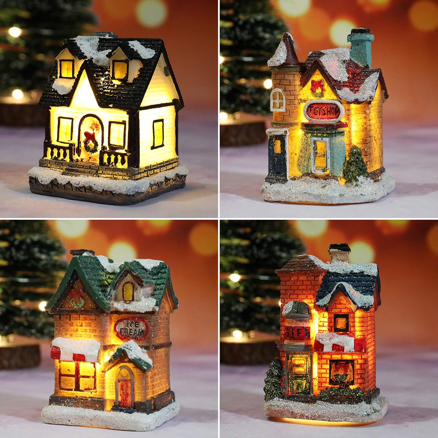 16 Pcs Christmas Village Houses Set LED Light up Christmas Town Figurines