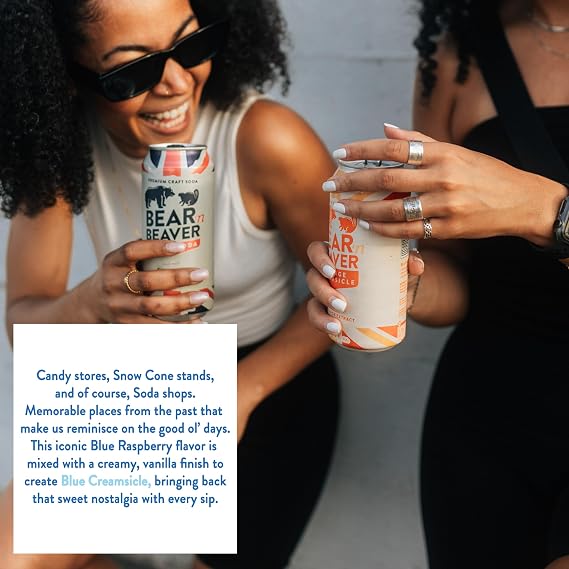 Bear 'n Beaver Blue Creamsicle Craft Soda, Cane Sugar, Vegan & GF - 12pk | Blue raspberry & pure vanilla nostalgia; pour over ice or mix into mocktails and floats; no HFCS, colors or flavors