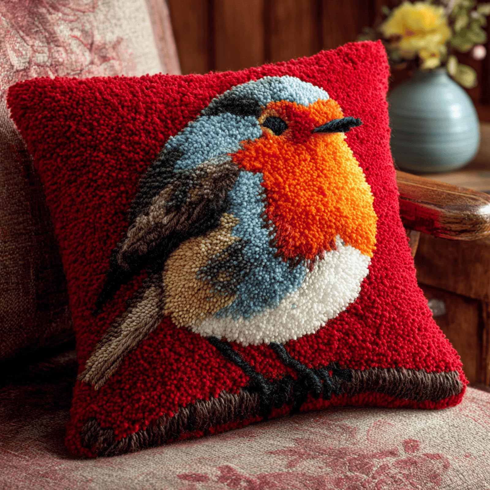 Latch Hook Cushion Kit DIY Pillow Cover Making Kit with Yarn,Red Bird
