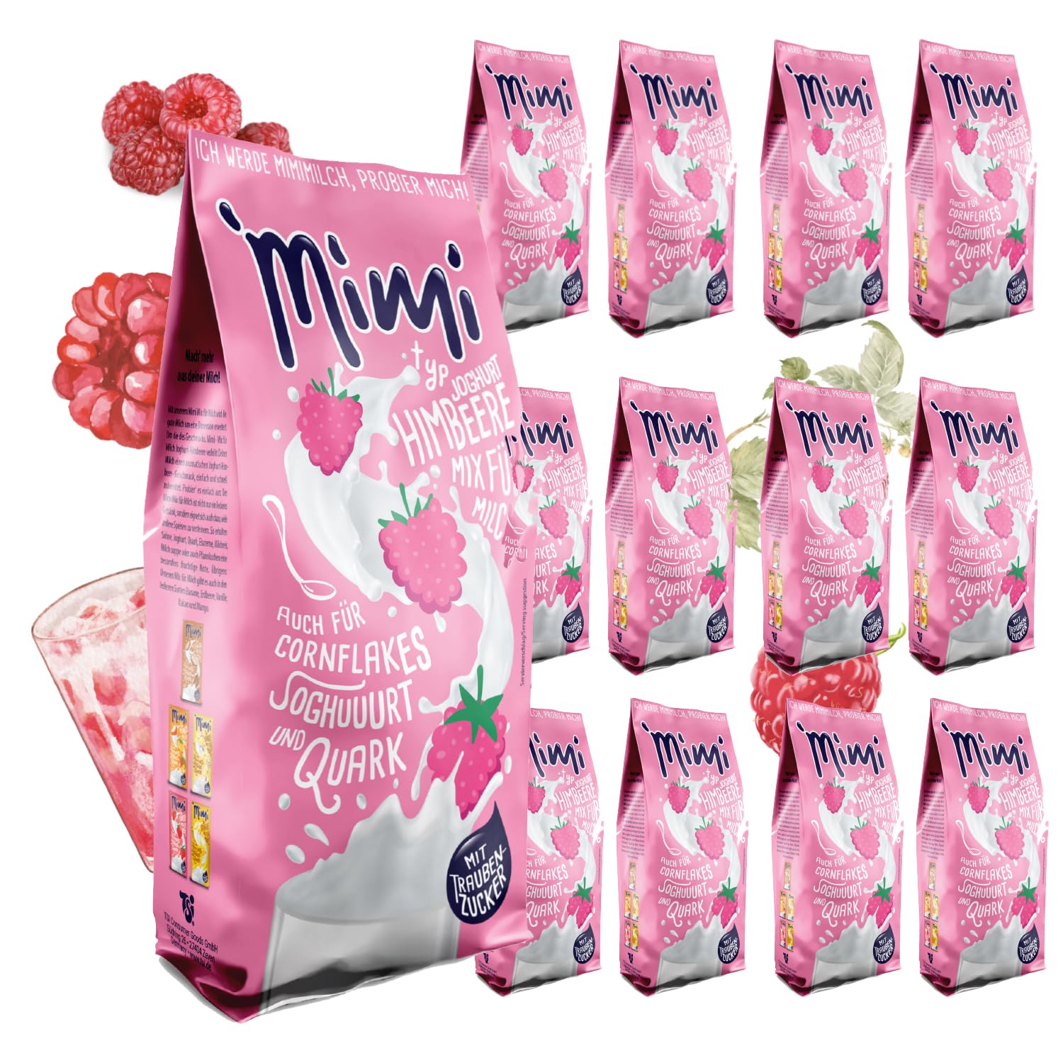 Mimi Milk Mix Yogur Frambuesa Bebida Polvo 24 x 400 g - Pack de Almacenamiento - Polvo de bebida soluble en leche con sabor a fresa - Soluble en frío y caliente - Ideal para ocio, oficina, familia
