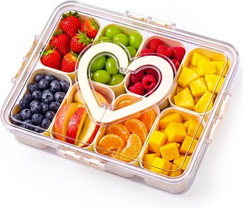 XING-RUIYANG Divided Serving Tray with Lid and Handle,Snackle Box Containers with 8 Compartment,Portable Snack Serving Platters Reusable Storae Organizer for Fruits,Nuts,Candy,Party,Picnic,Veggies