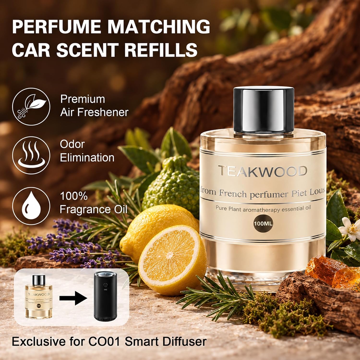 Car Air Freshener Refill 3.5OZ/100ml Glass Bottle, CO01/Dedicated Long Lasting Fragrance Oil Auto Air Freshener, Car Diffuser Essential Oil Made of Natural Plant Extracts (Teakwood + Mahogany) thumbnail