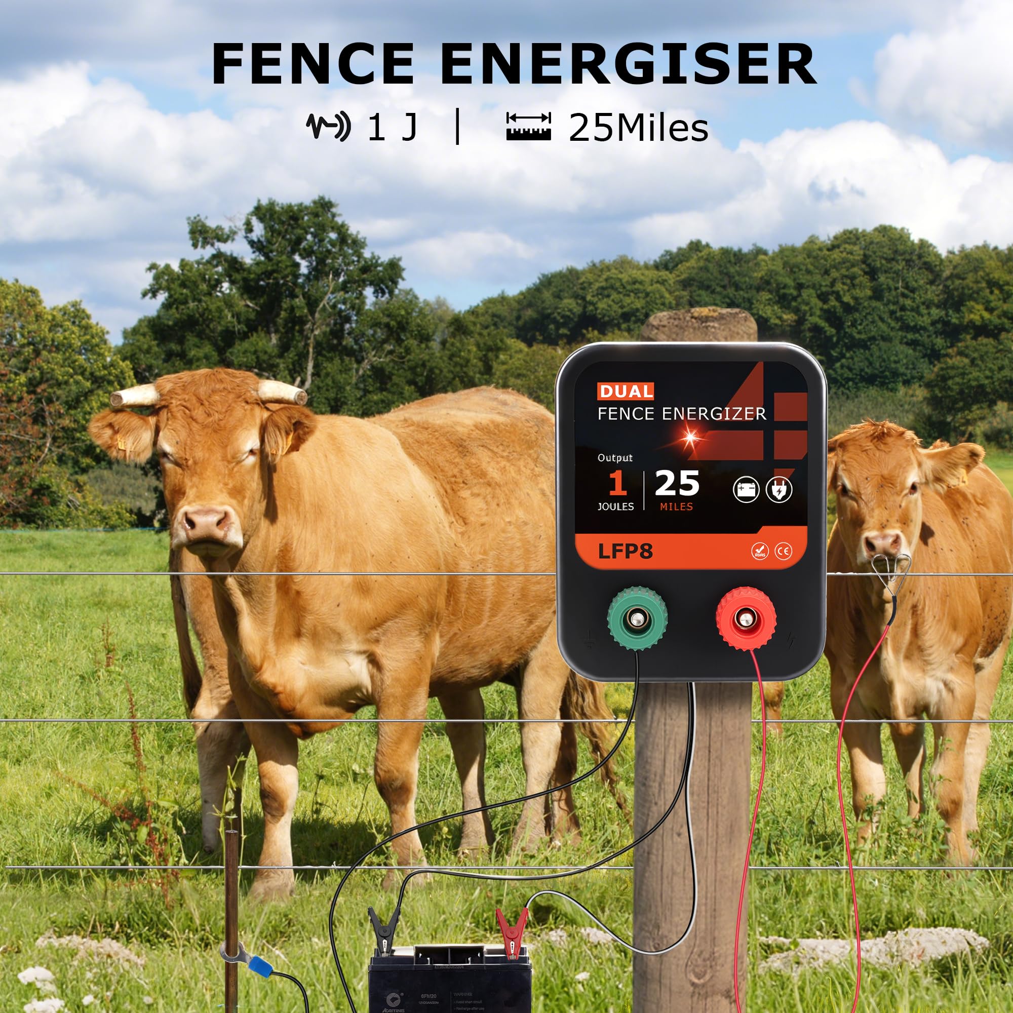 LFP8 - Energizador eléctrico de valla eléctrica de 12 V, salida de 1 julio, 25 millas, kit de valla eléctrica que incluye cables y estaca de tierra, alimentado por CC para caballo, vaca y otros