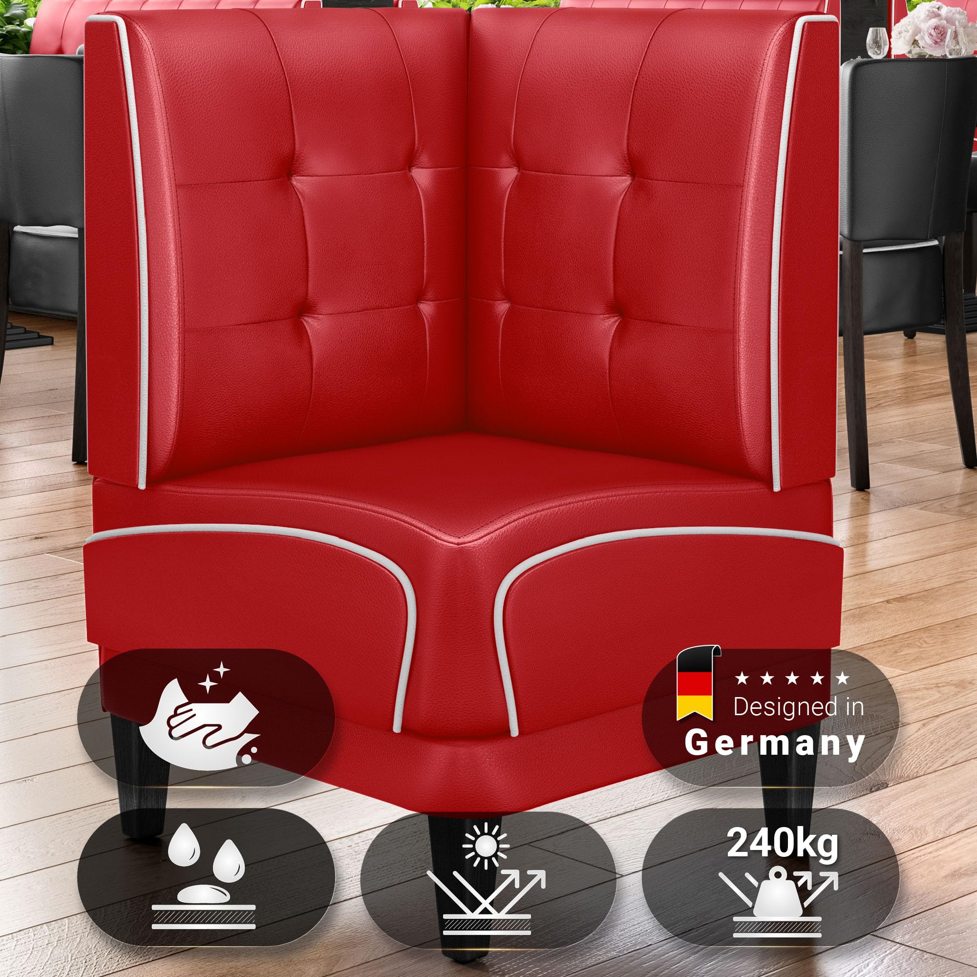 Diner 1 | Diner Eckbank | B:H 64 x 103 cm | Chesterfield | Rot | Leder | Keder: Weiß | Sitzhöhe: 48 cm