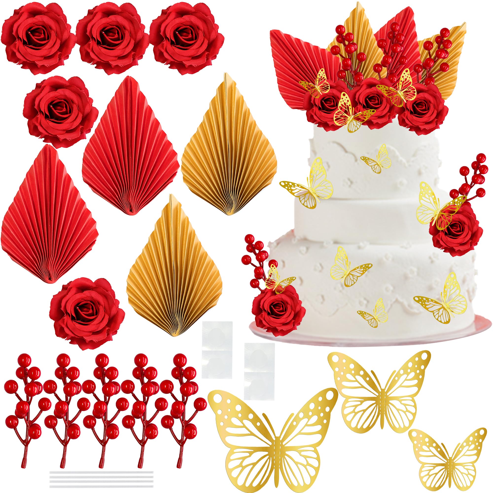 Ephlyn Red Rose Cake Topper Decorations Palm Leaf Butterfly Cupcake Picks for Valentine's Day Birthday Wedding Party DIY Cake Decorations Supplies Red