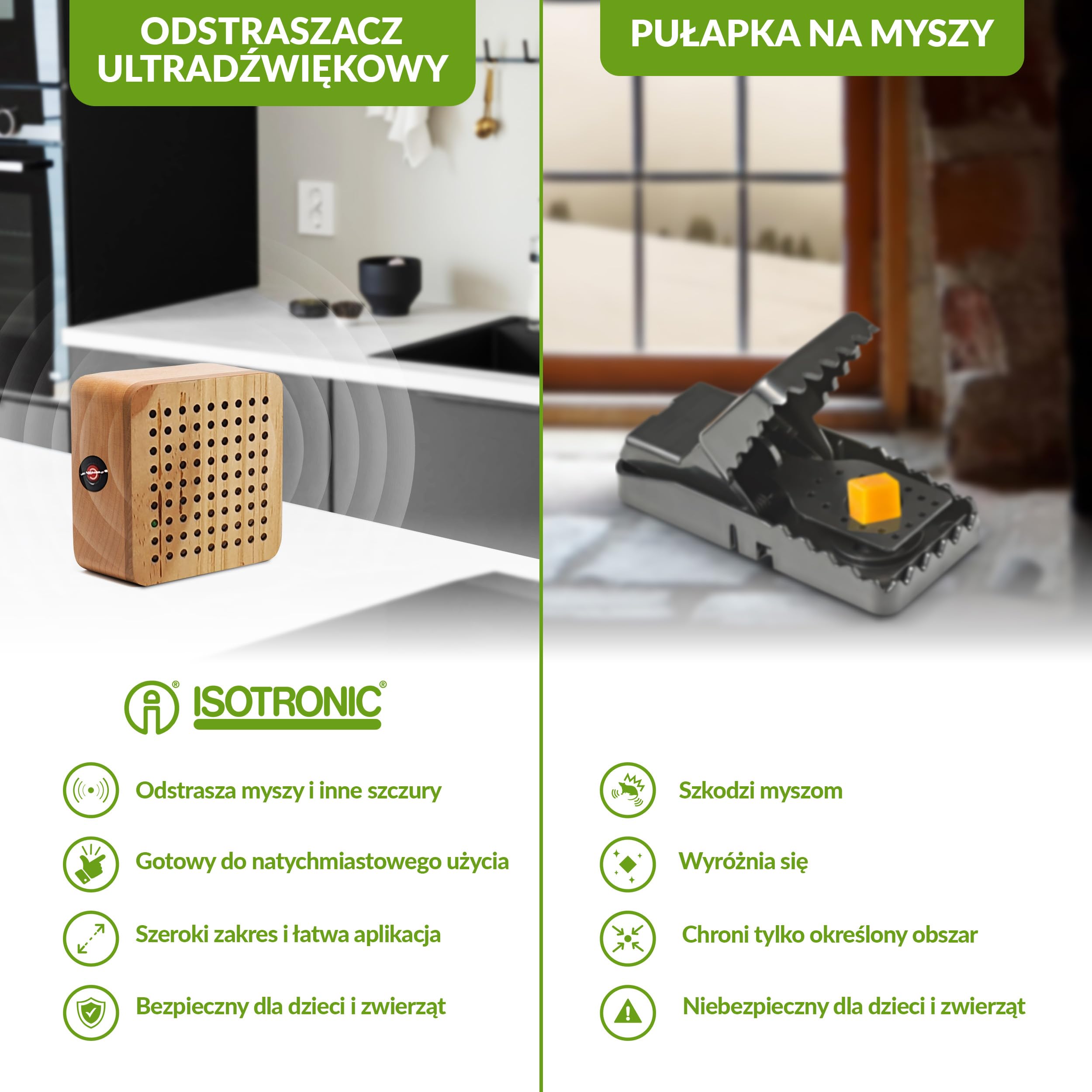 ISOTRONIC Ultradźwiękowy odstraszacz myszy i szczurów – Do piwnicy, garażu i ogrodu – Ochrona bez trucizny i pułapek – Zasięg skuteczny 40 m² (1 sztuk)