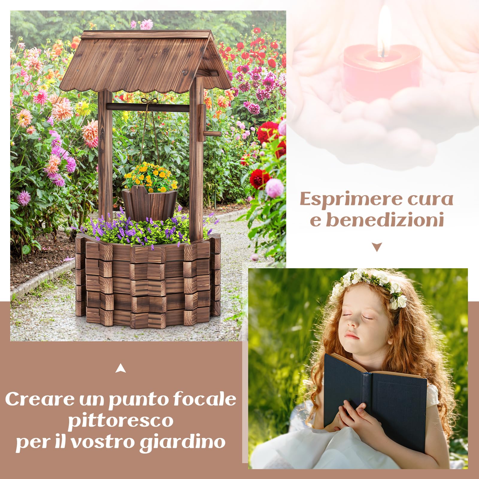 GYMAX Pozzo Decorativo da Giardino, Fioriera in Legno d'Abete con Pozzo, Secchio e Tetto, Resistente alle Intemperie, Effetto Invecchiamento, Decorazione per Prato, Cortile, Giardino, 57 x 57 x 114cm