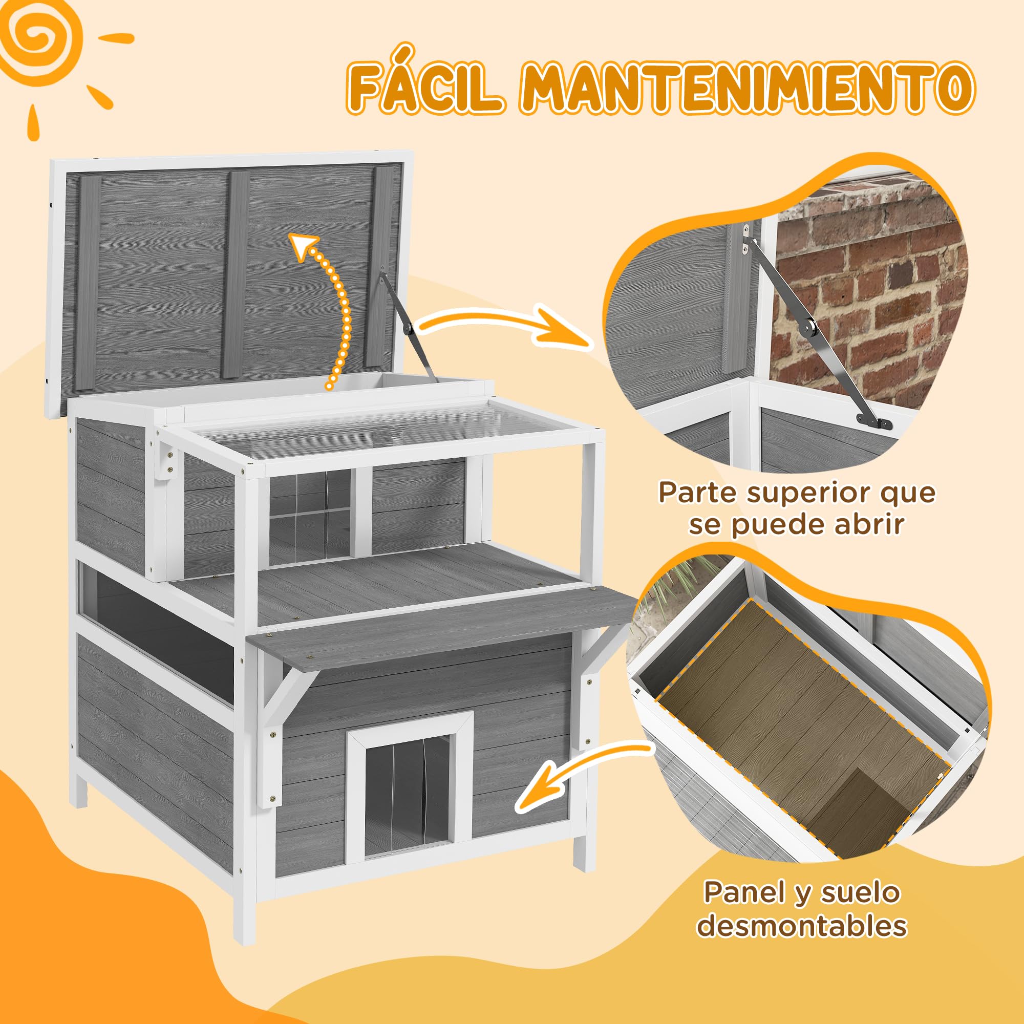PawHut Casa para Gatos de 2 Niveles de Madera 64x87x76 cm con Techo Asfáltico, Ventana y Puerta con Cortina para Interior y Exterior Gris Claro