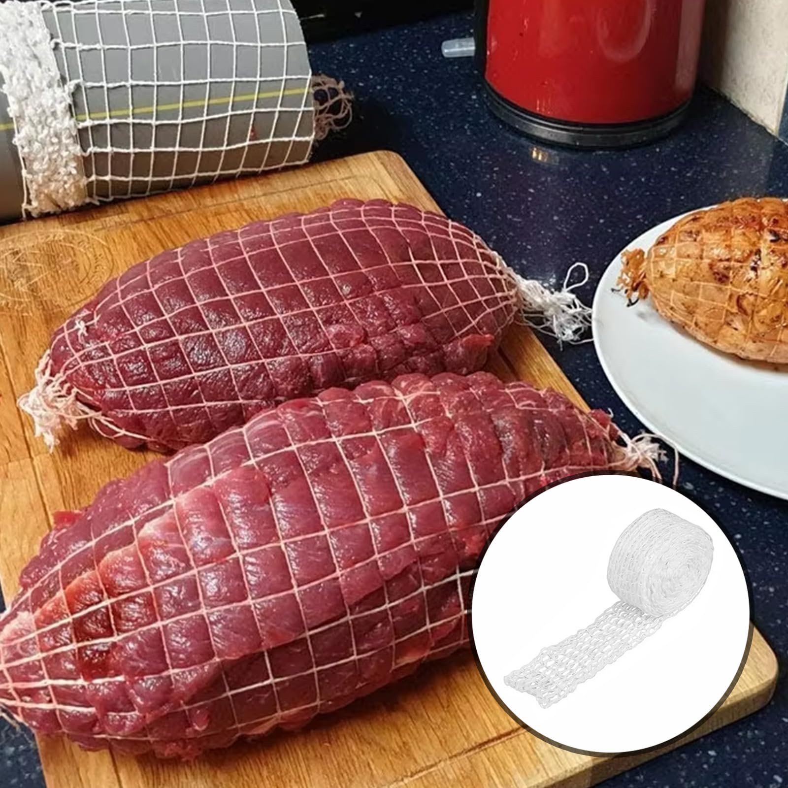 Rete per Carne da 10m, Bianca - Rete Elasticizzata per Arrosti e Insaccati con 18 Fori, Ideale per Cottura, Stagionatura e Conservazione di Prosciutti e Carni