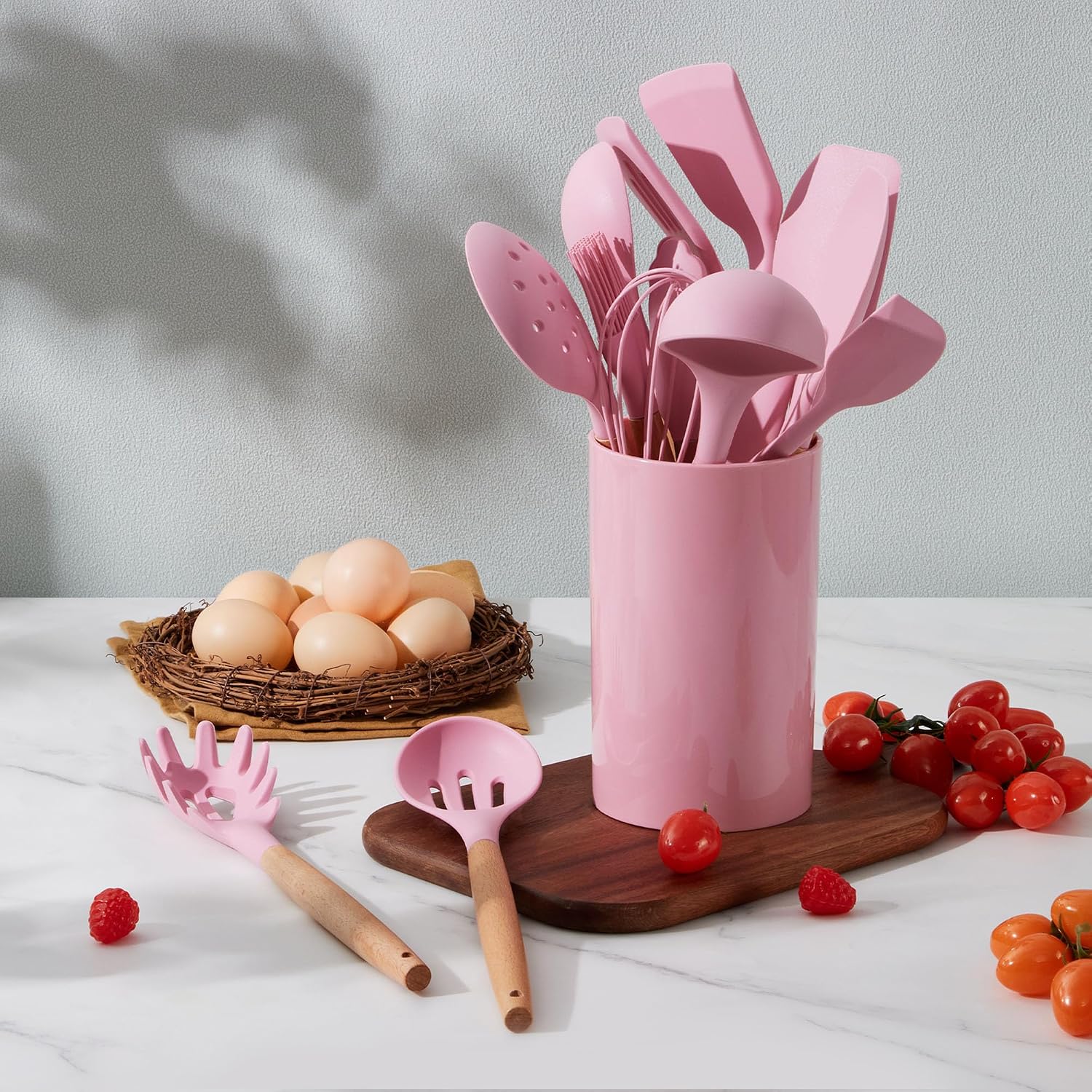 LIANYU Silicone Kitchen Utensils Set, 15-Piece Heat Resistant Cooking Utensils with Holder, Cooking Kitchen Gadgets Tools for Nonstick Cookware, Wooden Handle, Pink