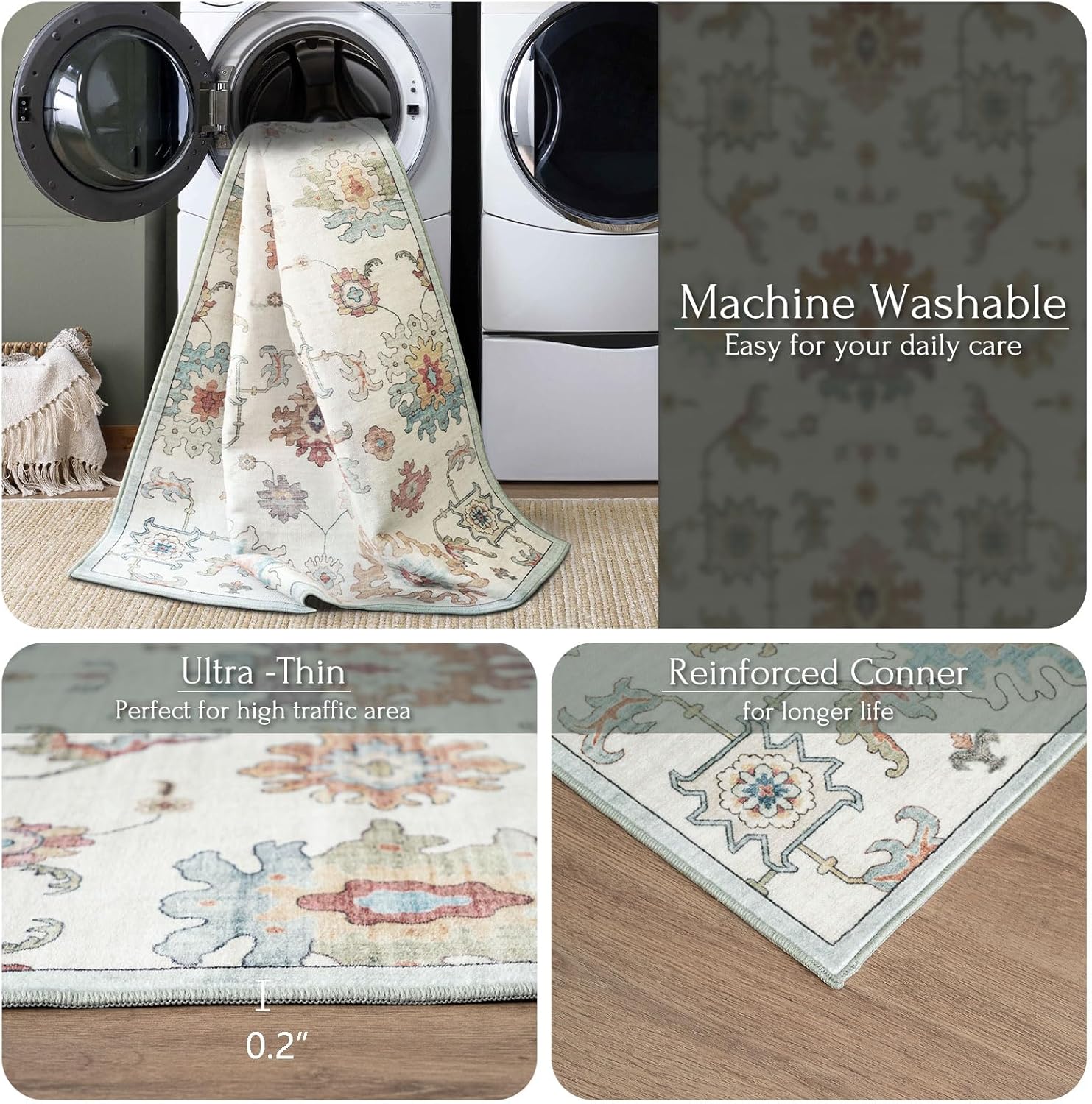 BLISSA Washable 3x5 Entryway Rug - Non-Slip Oriental Oushak Print Ultra-Thin Door Mat Cream Multi Distressed Soft Boho Vintage Bedside Throw Rug for Indoor Kitchen Bedroom Bathroom Dorm Nursery