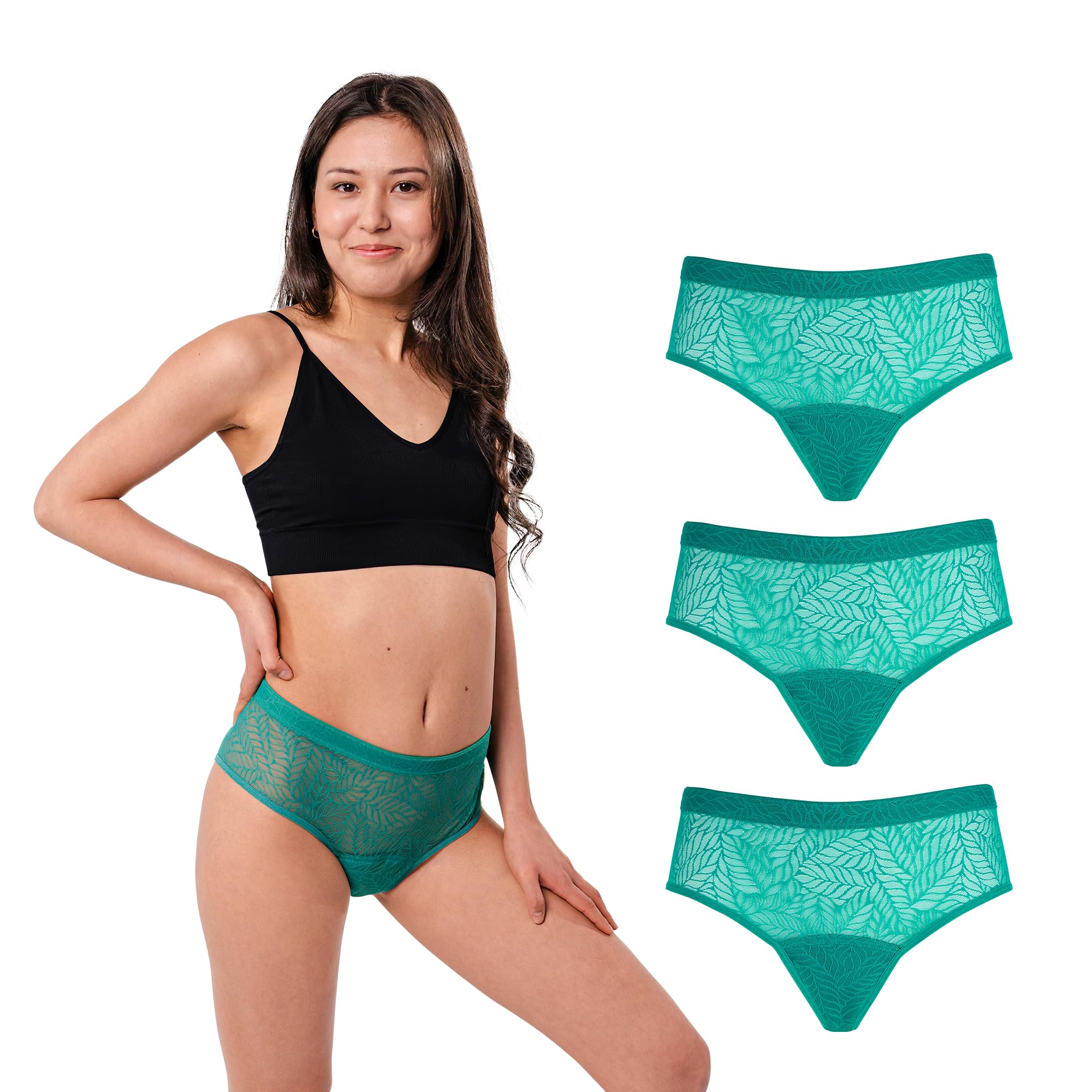 SELENACARE Bielizna okresowa z recyklingu Lace Leaf Hipster (3 sztuki) - bielizna menstruacyjna dla kobiet, wegańska, trwała, wchłanianie 20 ml, szmaragdowa, rozmiar XS (EU 28/30)