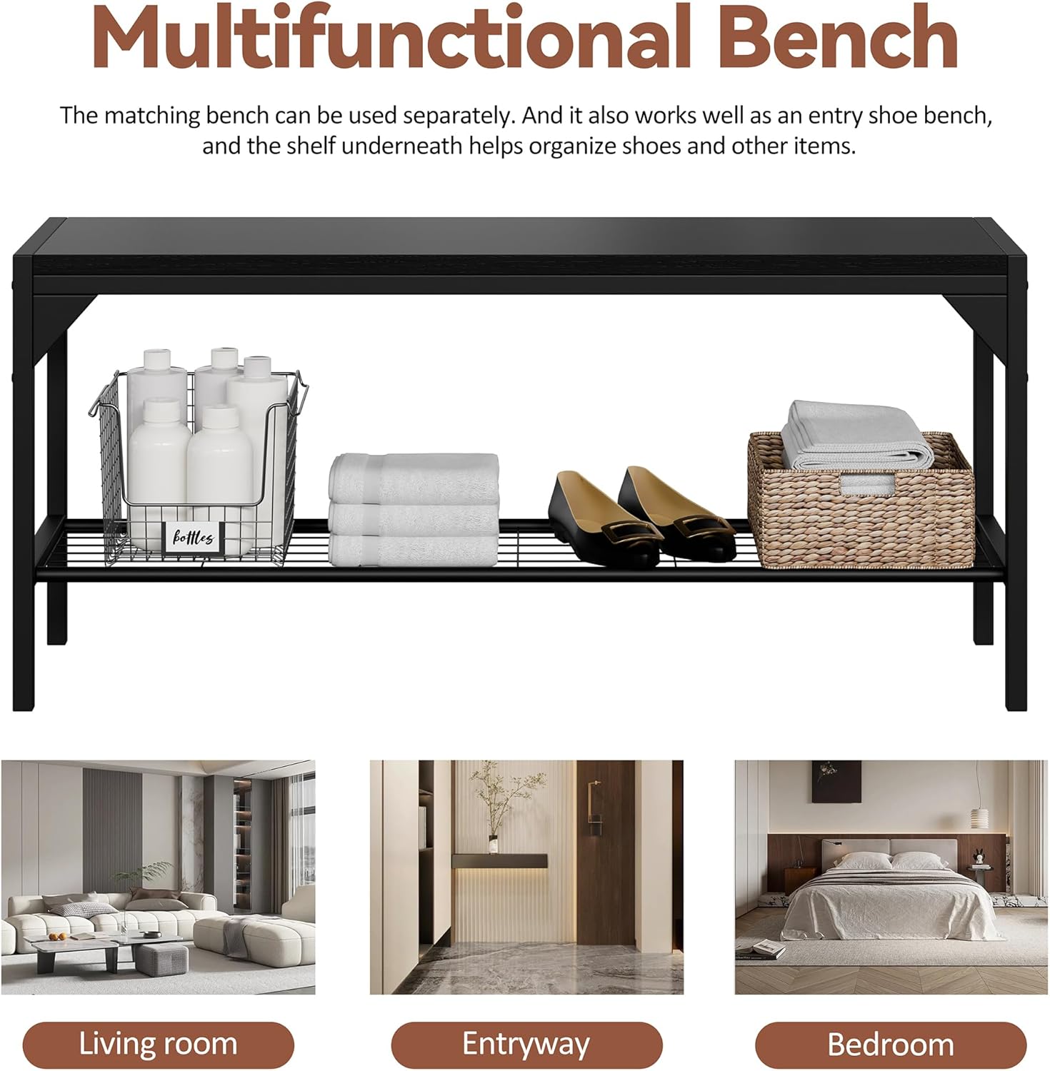 Meilocar bench used as a multifunctional storage unit, holding baskets and shoes, with a description of its versatility.