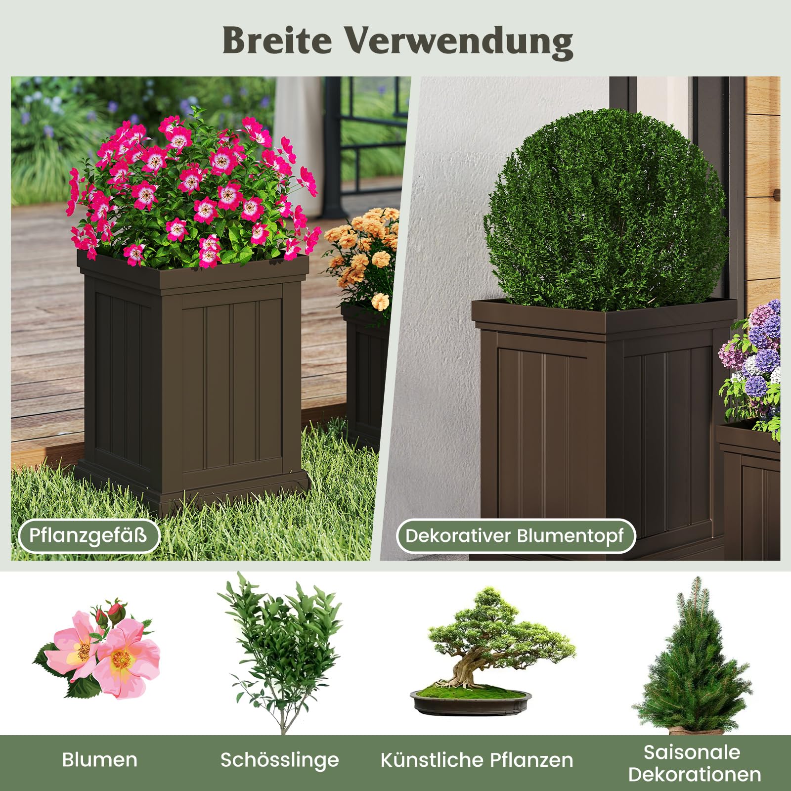 COSTWAY 2 er Pflanzkübel Quadratisch, 48/31,5 cm hoch, Pflanzgefäße wetterfest stapelbar, Blumentöpfe mit Entwässerungslöchern, PP Kunststoff, Übertopf für Garten Terrasse Hinterhof Balkon, Braun