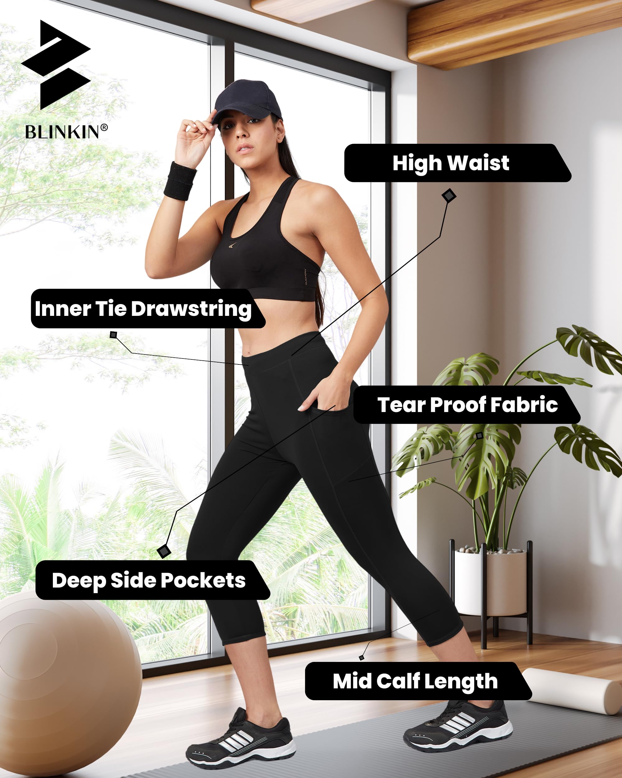 BLINKIN 3/4th Gym Pants for Women Workout, Capri for Women with Side Pockets - Ultimate Active wear Capris Tights for Women Workout|Yoga Pants for Women (Black,Size_5XL) - Image 3 thumbnail