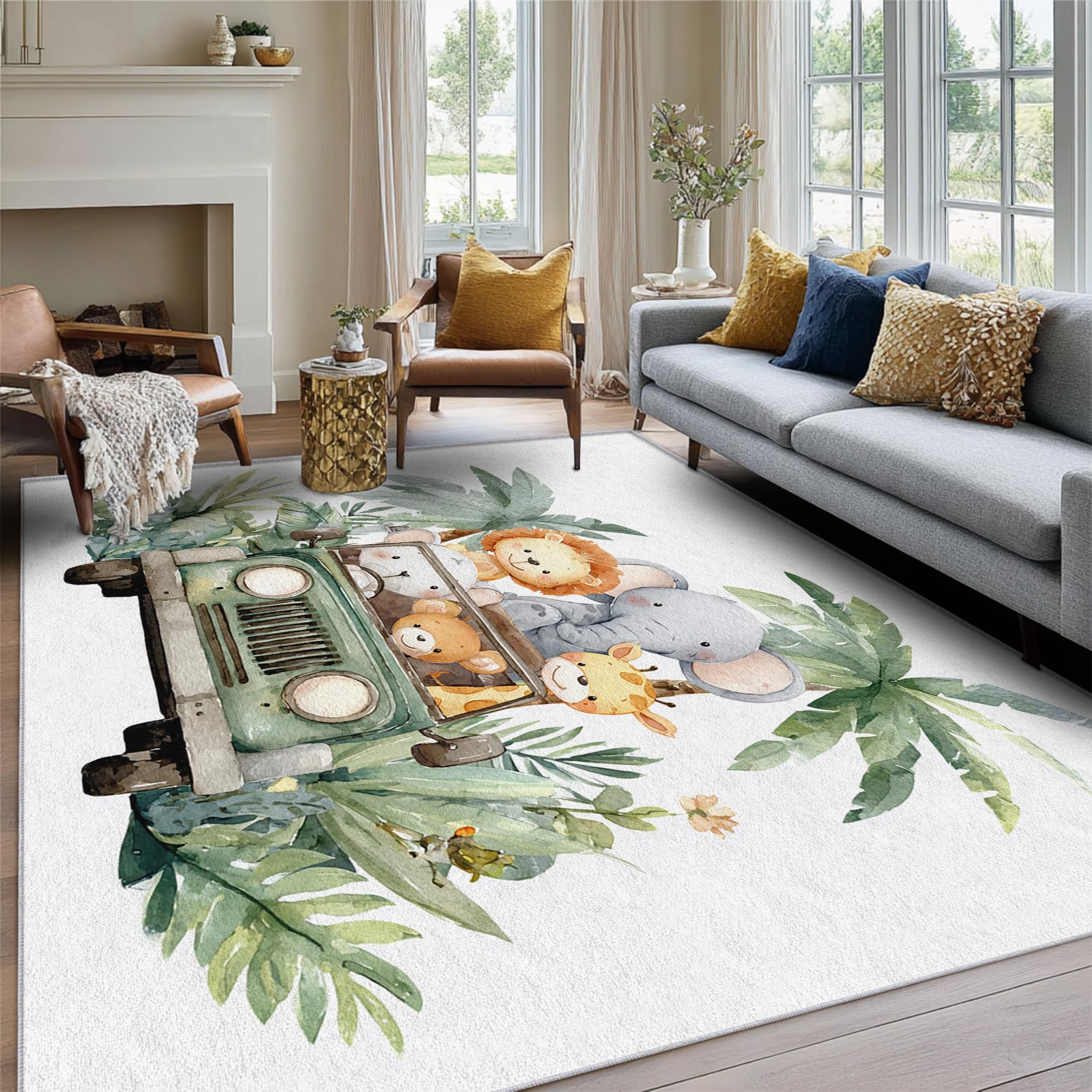Générique Tapis Salon 120x180 cm Safari Enfant, Tapis Imprimé Animaux Jungle, pour Chambre à Coucher, Descente de Lit, Moquette Decoration Interieur, Lavable, Poil Ras, Antidérapant A(1794)