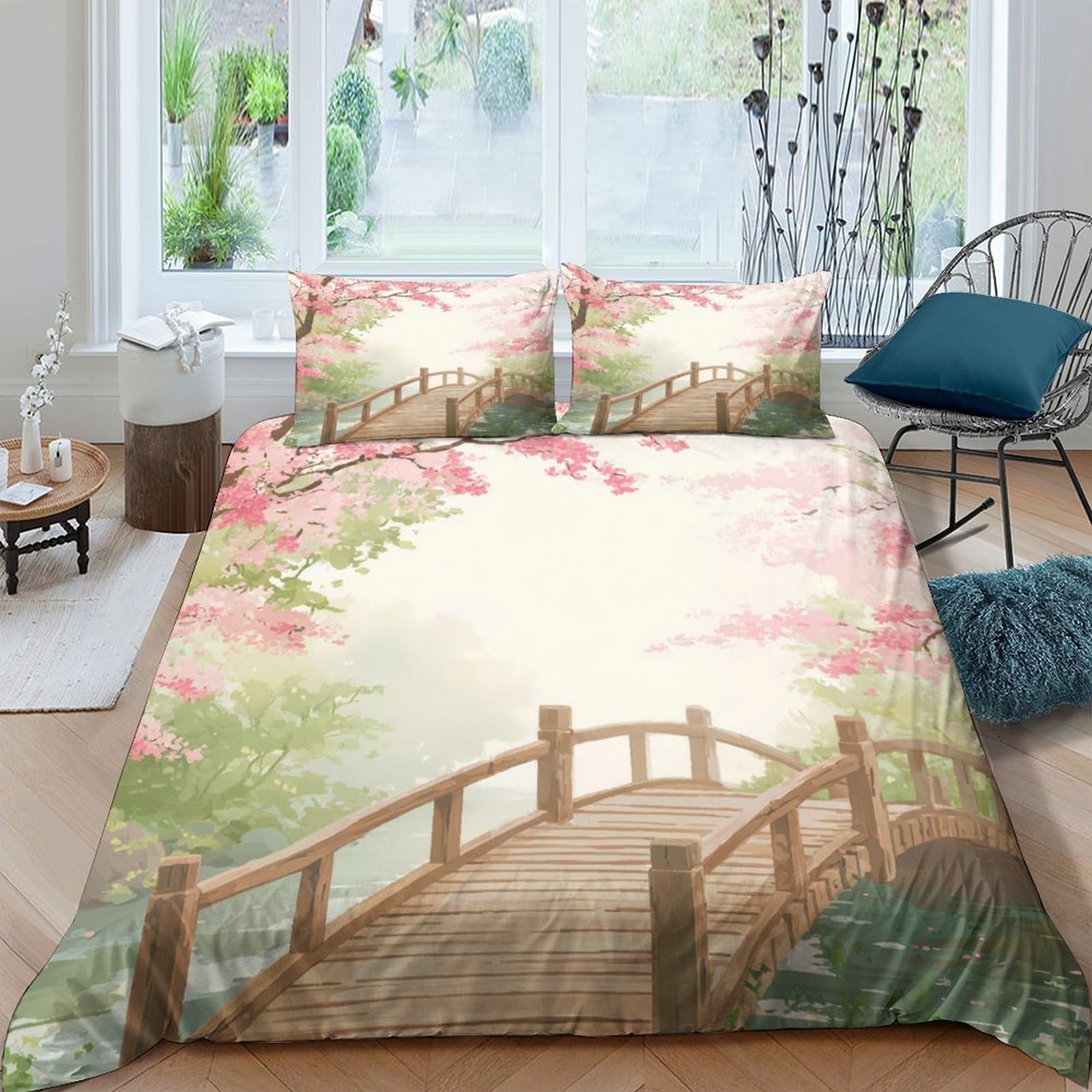 Ctjqhvkz Style-2 3D Printed Sakura Bridge Fitted Sheet Microfiber Soft Anti-Slip Japanese Garden Mattress Cover Bedroom Decor Single（135X200cm）