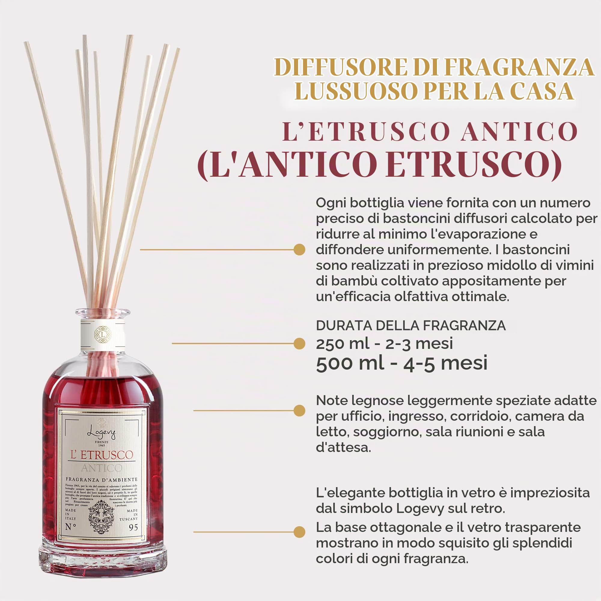 LOGEVY - Profumatore per Ambienti per il Benessere della Persona e della Casa - L'Etrusco Antico (250 ml NEW 2022)
