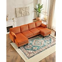 Karl home 108" Plush Corduroy U-Shaped Sectional Couch for Living Room with Double Chaise & Wood Grain Legs, 4 Seat Sofa Set Ideal for Apartment & Gatherings, Orange