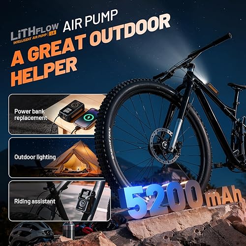 Miniatura 4 de Compresor de aire portátil para inflador de neumáticos, kit de bomba de bicicleta inalámbrica con pantalla grande, inflado 1 minuto más rápido con