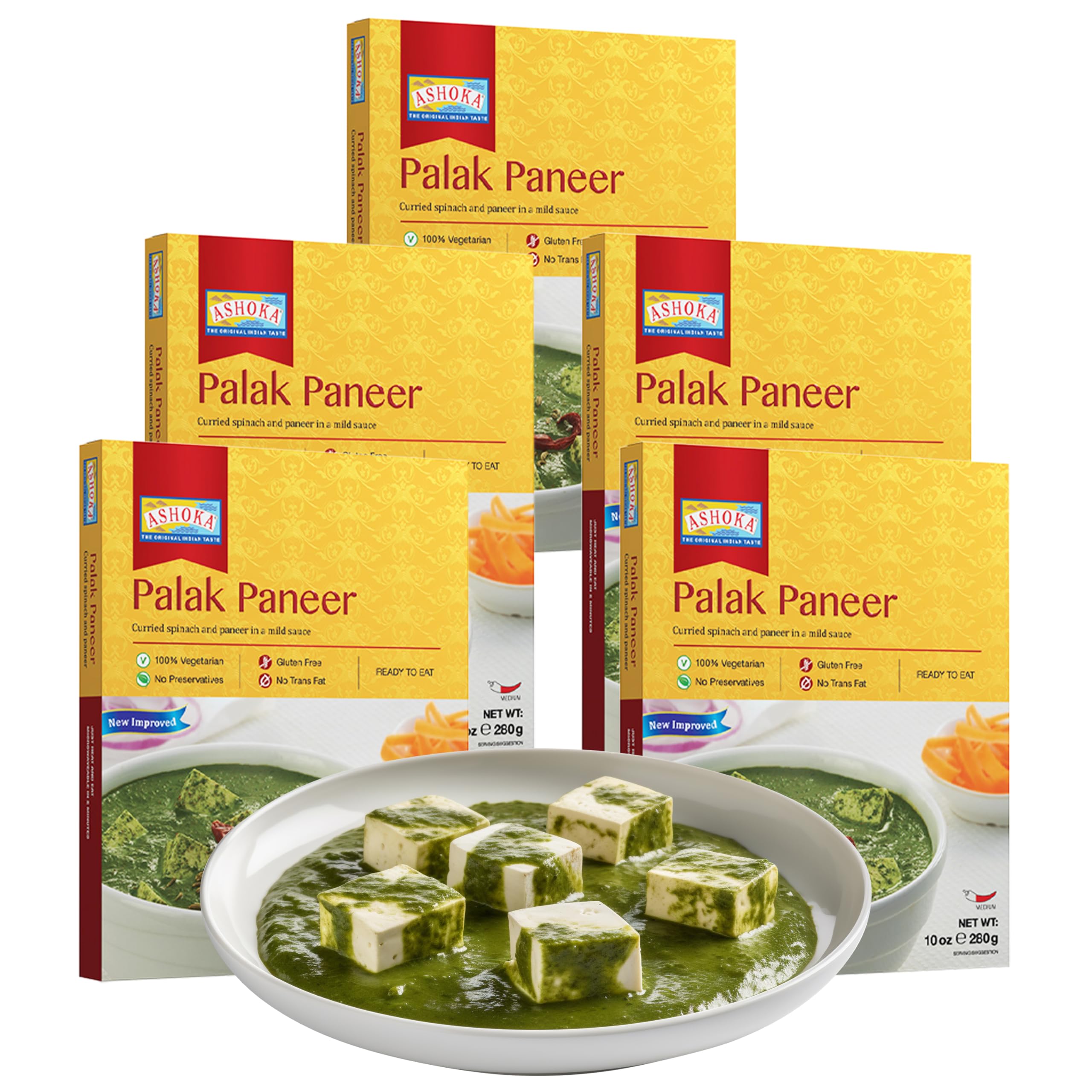 Ashoka Ready to Heat Meals 1932, Vegetarian Spinach Cheese Curry, Kosher Certified, All-Natural Portable Meals, Authentic Palak Paneer, Great for Picnics, No Preservatives, Pack of 5