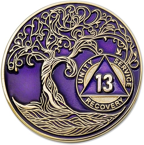 Sobriety Mint Medallón AA de 13 años, chip de recuperación AA chapado en oro, árbol de la vida, morado