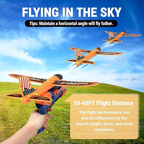 Miniatura 6 de HapKid Paquete de 4 lanzadores de aviones, aviones de espuma con 2 modos de vuelo, tirachinas y calcomanías de bricolaje, juguete volador al aire