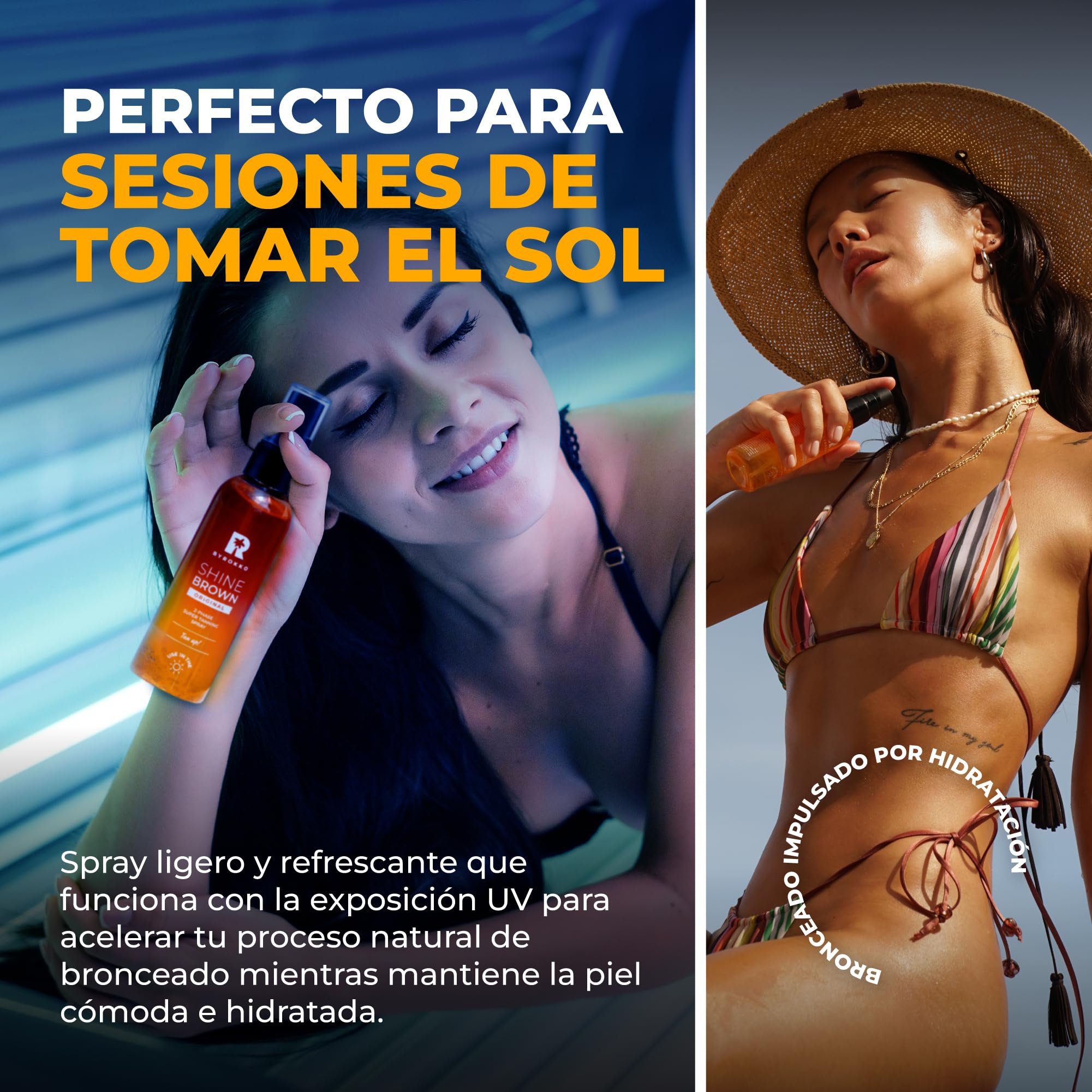 BYROKKO Shine Brown Spray Superbronceador Bifásico (100 ml), Eficaz en Solárium y al Sol, con Aceites Naturales y Ácido Hialurónico para un Bronceado más Intenso, con aroma a Mango soleado