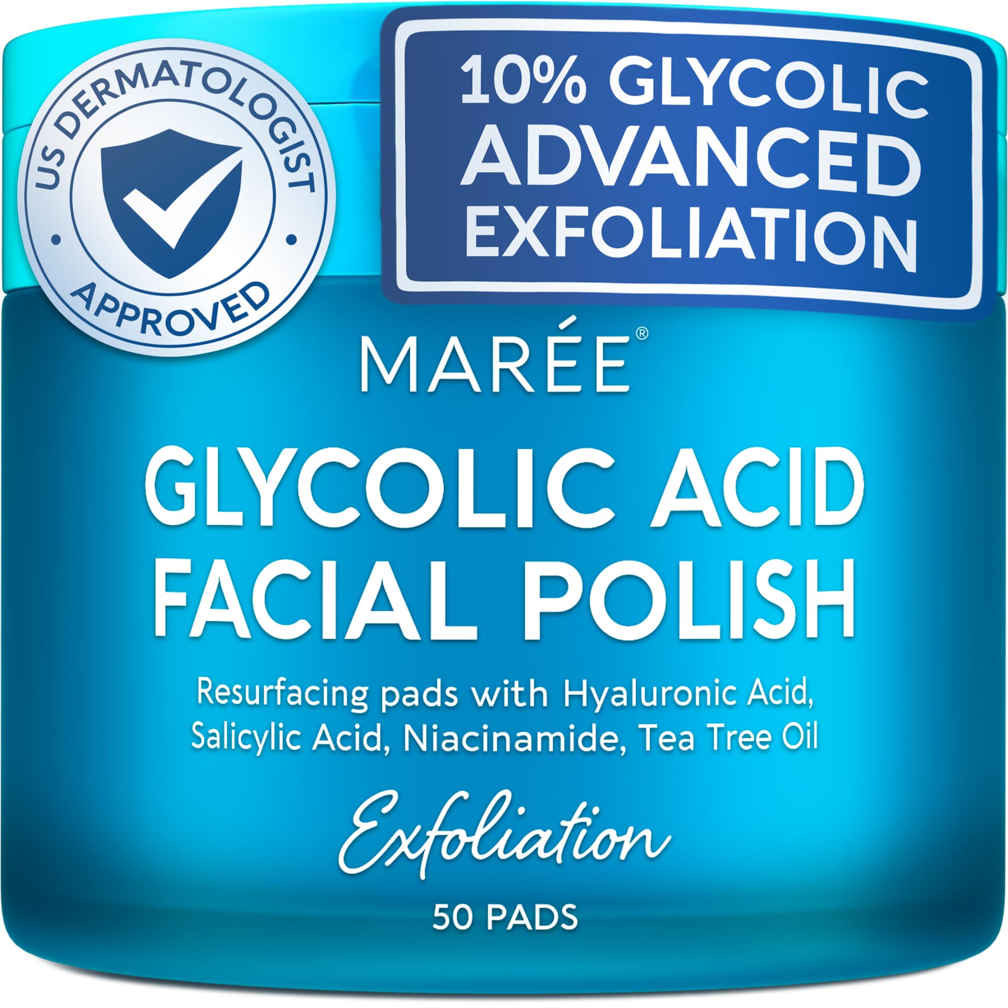 MAREE Glycolic Acid Pads - Toner Pads for Face Cleansing - Exfoliating Pad with Tea Tree Oil, Salicylic Acid & Vitamins E, B3, B5 - Acne Clearing, Skin Pore Resurfacing & Radiance Device - 50 Count
