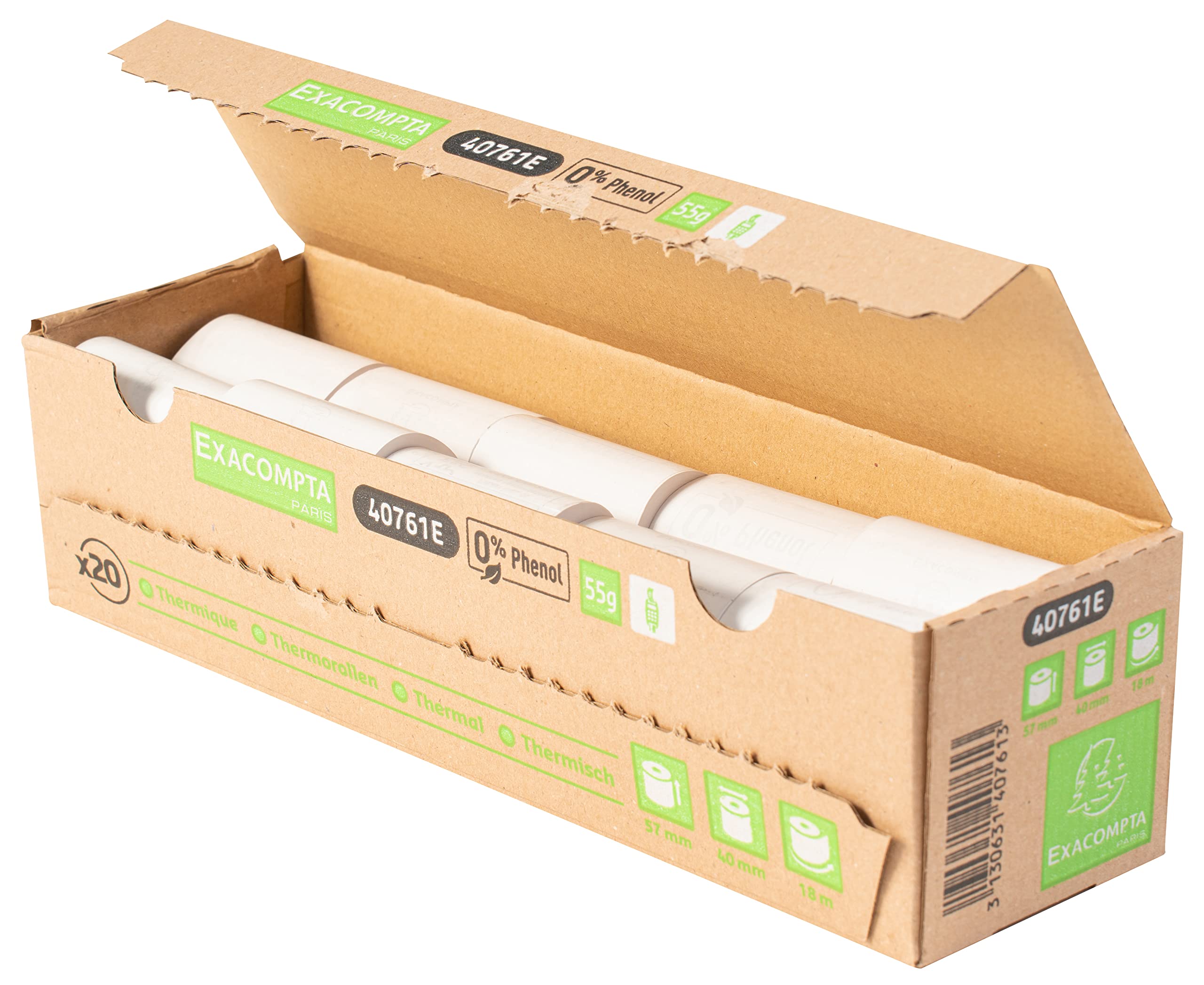 Exacompta 40761E 20er Pack Thermopapierrollen 1-lagig Breite: 57mm, Länge: 18m, Durchmesser Kern: 12mm 55g/m² rückseitig bedruckt für Kartenzahlung (EC Cash Geräte) Phenolfrei