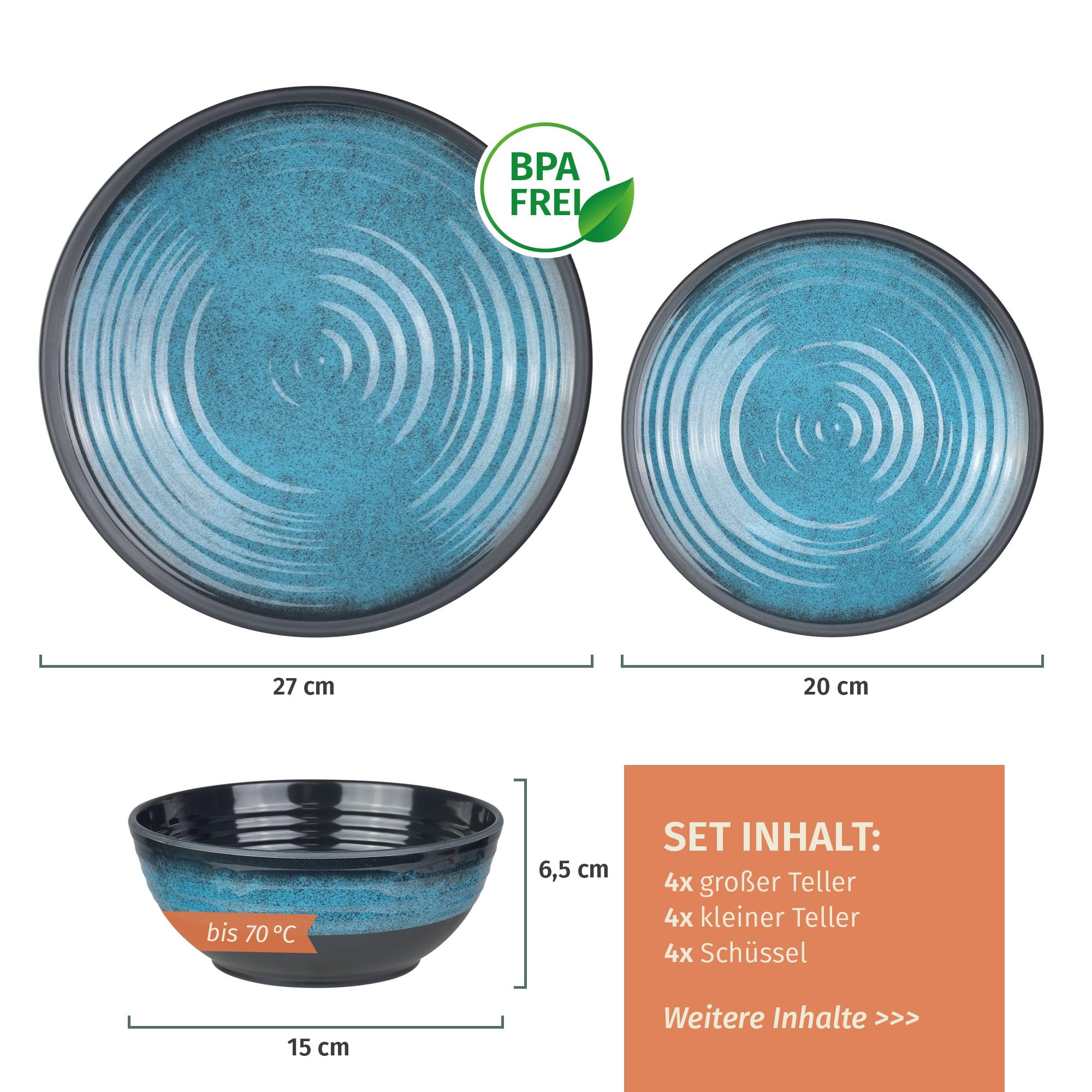 Melamina zestaw naczyń kempingowych dla 4 osób, Stone Blue + 16 szklanek Milano, kieliszki do wody, kieliszki do wina, szampana, zastawa stołowa, piknik, grill, naczynia do gotowania