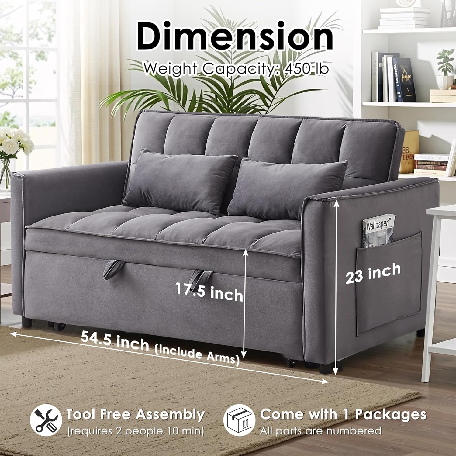 Sleeper Sofa Bed,55'' Convertible Pull Out Couch with Side Pockets,Velvet Fabric Loveseat Sleeper Sofa with Adjustable Backrest for Living Room,Apartment(Darkgrey)