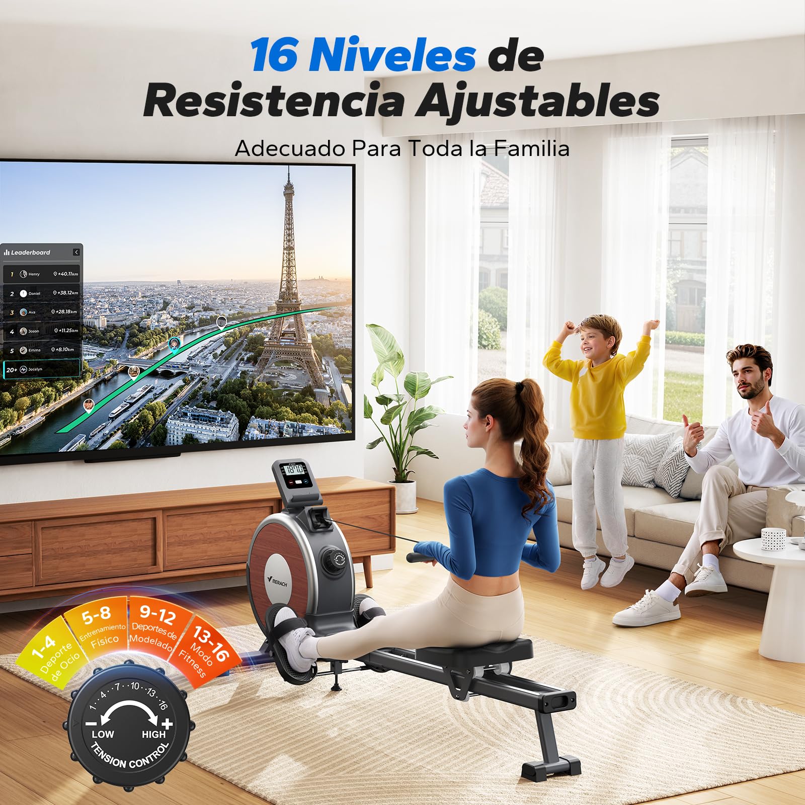 MERACH Máquina de Remo para Casa, 16 Niveles de Resistencia, Remo Magnético Silencioso con App Exclusiva, Rieles Dobles Mejorados para Mayor Estabilidad(Gris)