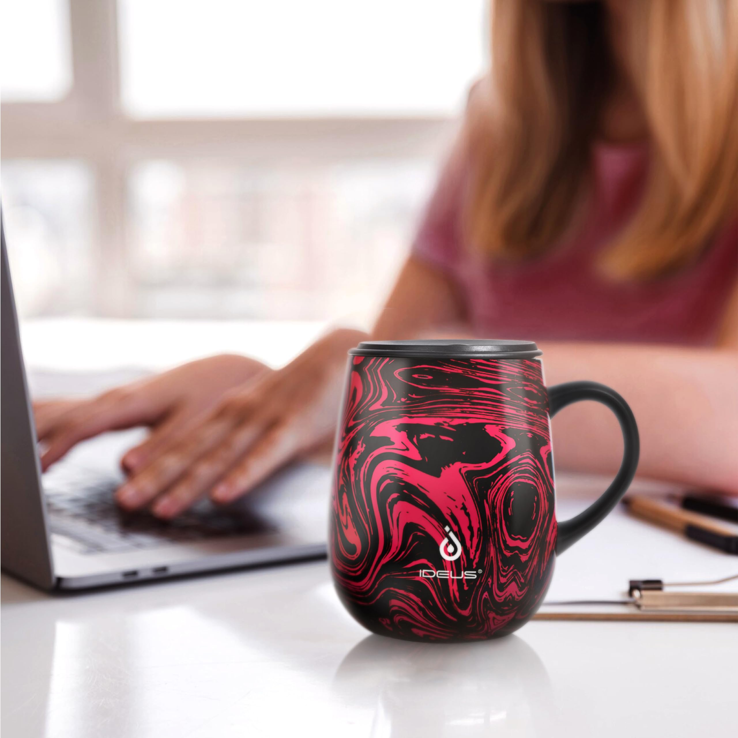Ideus Koffiebeker 470 ml (16 oz), dubbelwandige vacuüm geïsoleerde koffie- en theekop van roestvrij staal met antislipgreep en schuifdeksel met groot volume (Oranje