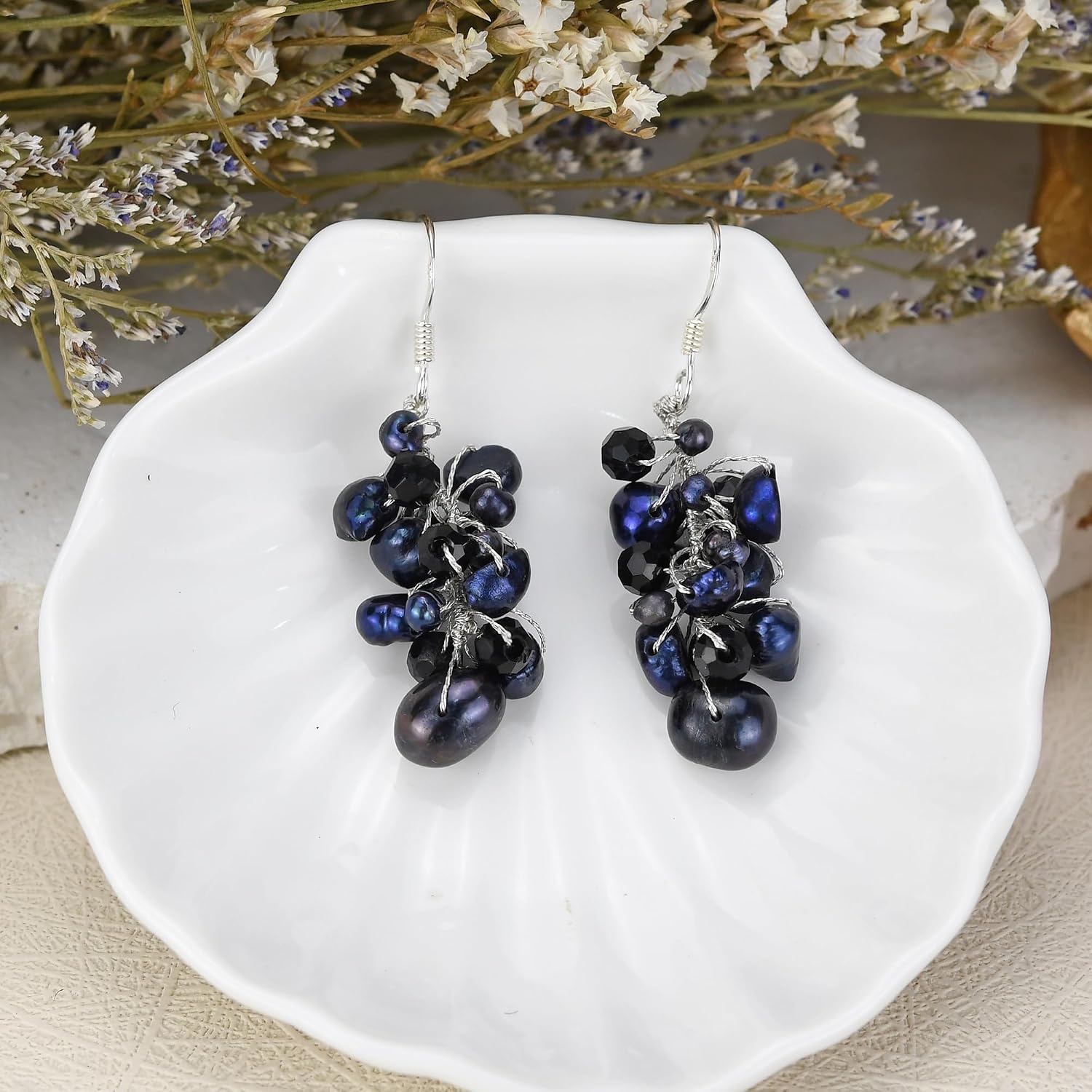 AeraVida Black Freshwater Pearl Crystal Cluster Sterling Silver Dangle Earrings | Handmade Silk Thread Beaded Drop Jewelry | Vintage Inspired Pearl Earrings