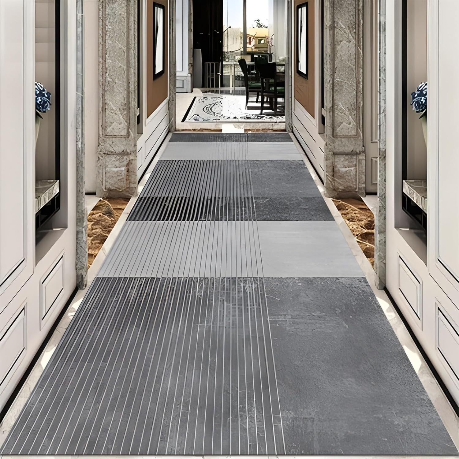 廊下の入り口と階段用のグレーストライプカーペットランナー - 滑り止め付きロングナローラグ - エクストラロングフロアマット（100