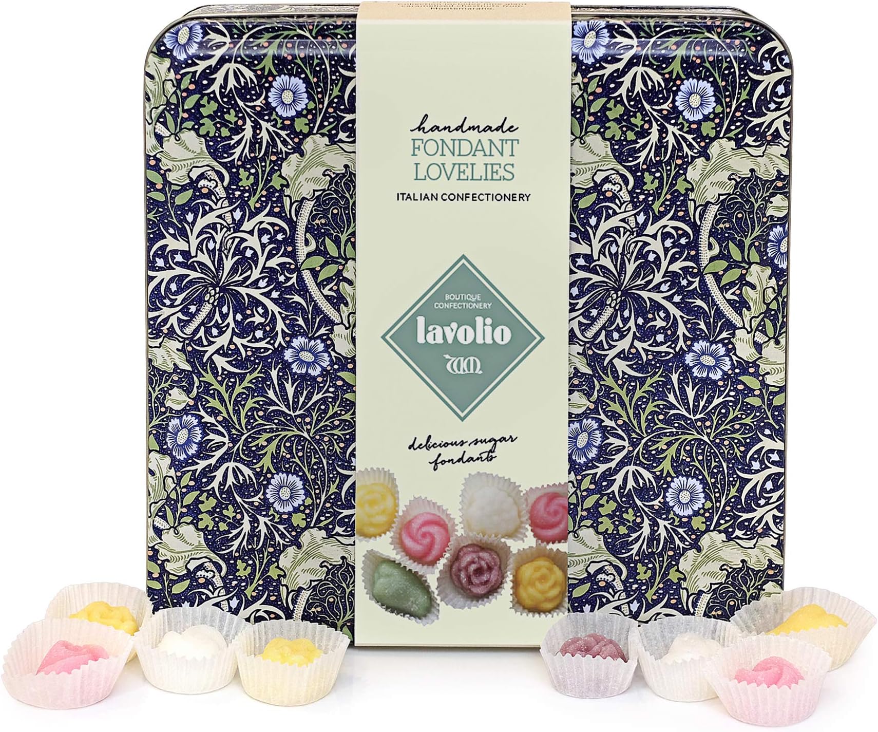 Lavolio William Morris Fondant Lovelies Gift Tin- (120g) -Premium Selection of 16 Unique Soft Sugar Fondants, 6 Different Fruit Flavours of Luxury Italian Confectionery, Perfect Present for Her