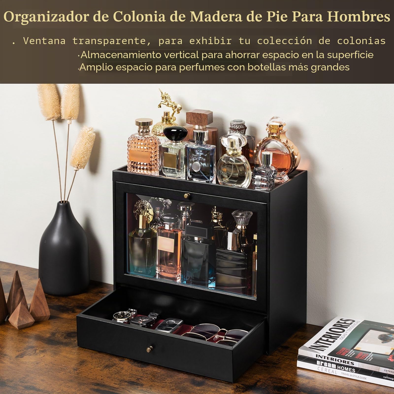 Organizador de perfume, soporte de perfume de cuero para hombre con cajón, estante para perfume con tapa transparente visible, caja de almacenamiento premium para fragancias, cosméticos y
