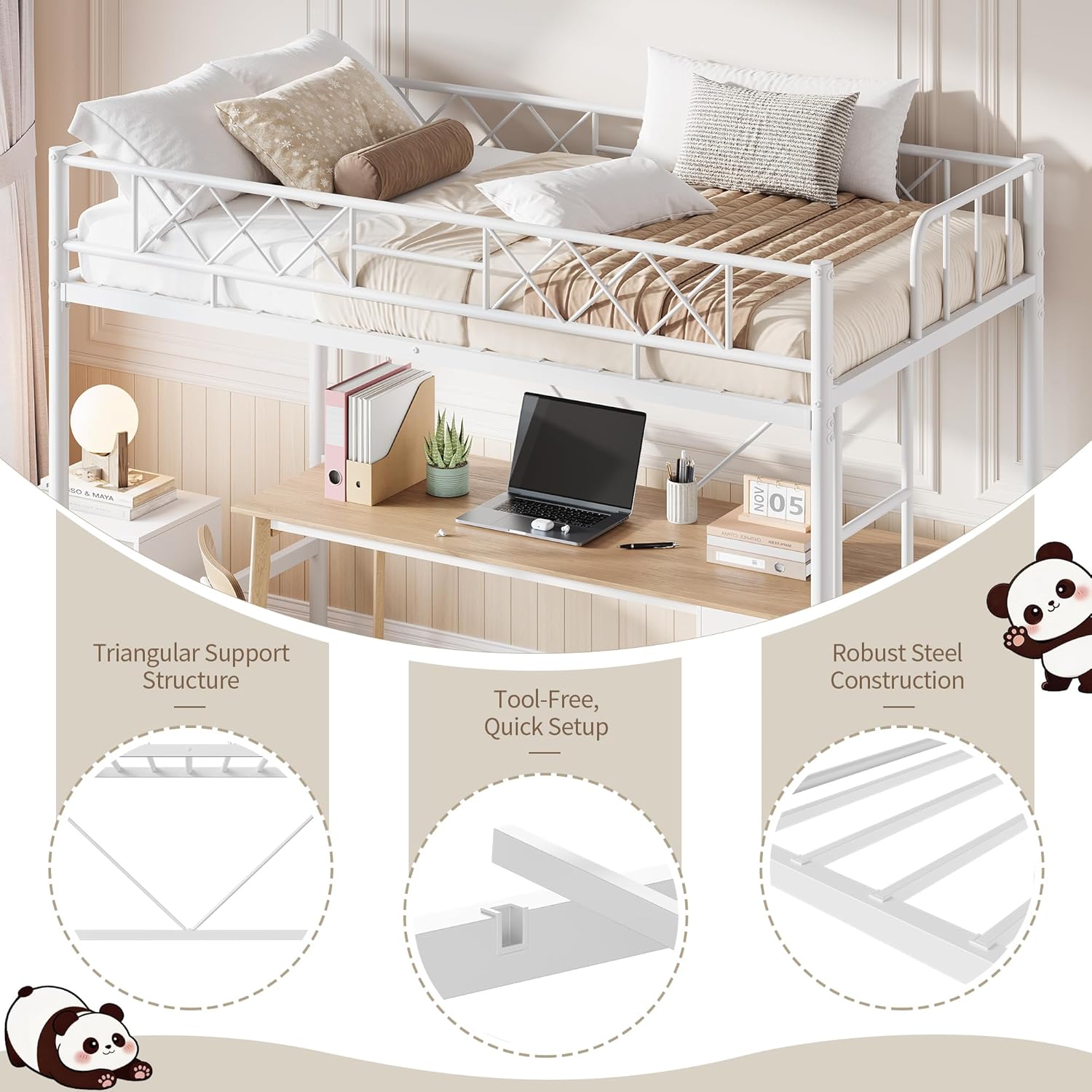 Garvee Loft Bed Twin Size for Teens & Adults, Metal Loft Frame with Safety Guardrail & Flat Ladder Rung, Heavy Duty Steel Slats, Space Saving Design, No Box Spring, White