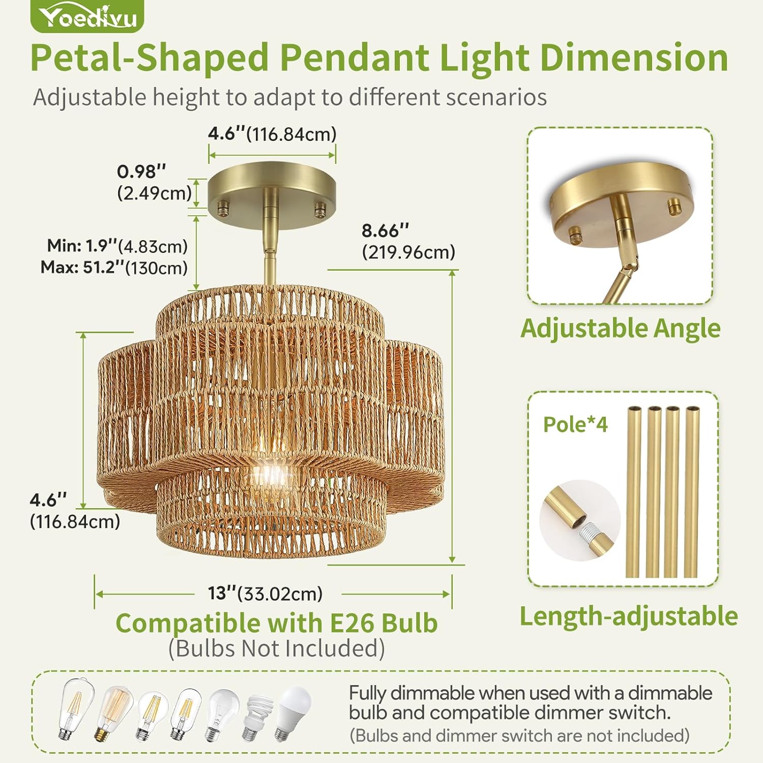 13" Boho Rattan Chandelier - 1-Light Petal-Shaped Pendant Light, Hand Woven Rattan Hanging Light Fixture, Small Farmhouse Rustic Chandelier for Dining Room, Living Room, Kitchen, Foyer
