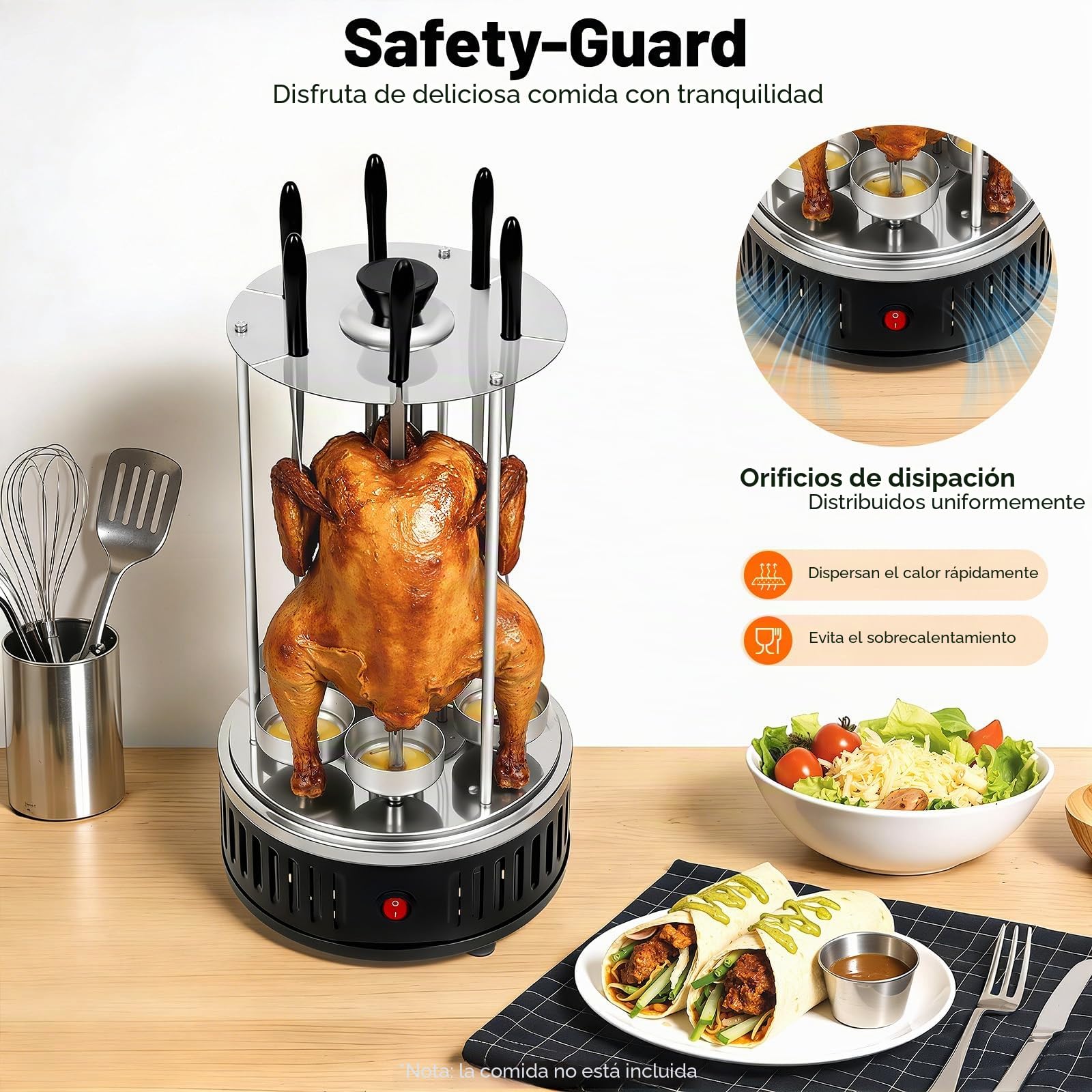 Barbacoa vertical eléctrica de 1000 W con 6 pinchos Independiente Parrilla eléctrica vertical de acero inoxidable con bandeja de gotas de aceite, parrilla vertical para barbacoas, picnics