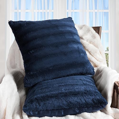 Miniatura 1 de Cheer Collection Almohadas de piel sintética, almohadas decorativas para sofá y cama, lavables a máquina, 16 x 16 pulgadas, color azul (juego de 2)
