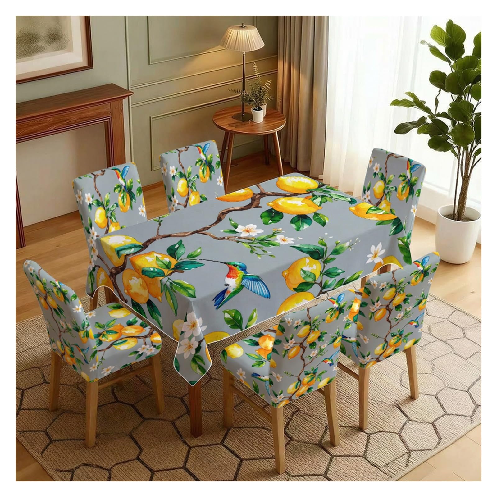BOSUYBN Lemon Branch Hummingbird Dining Tablecloth & Chair Covers Set, 5/7 Piece Tropical Summer Boho Farmhouse Dining Decor Table Setting(7pcs Set: Tablecloth+Chair Covers)