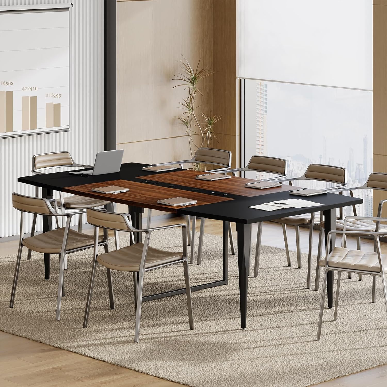 Yanosaku 8FT Conference Table with Power Hubs, Large Meeting Table for 8-10 People, Sturdy Metal Legs, 2 Cable Grommets, Modern Office Conference Table for Conference Room, Office, Meeting Room