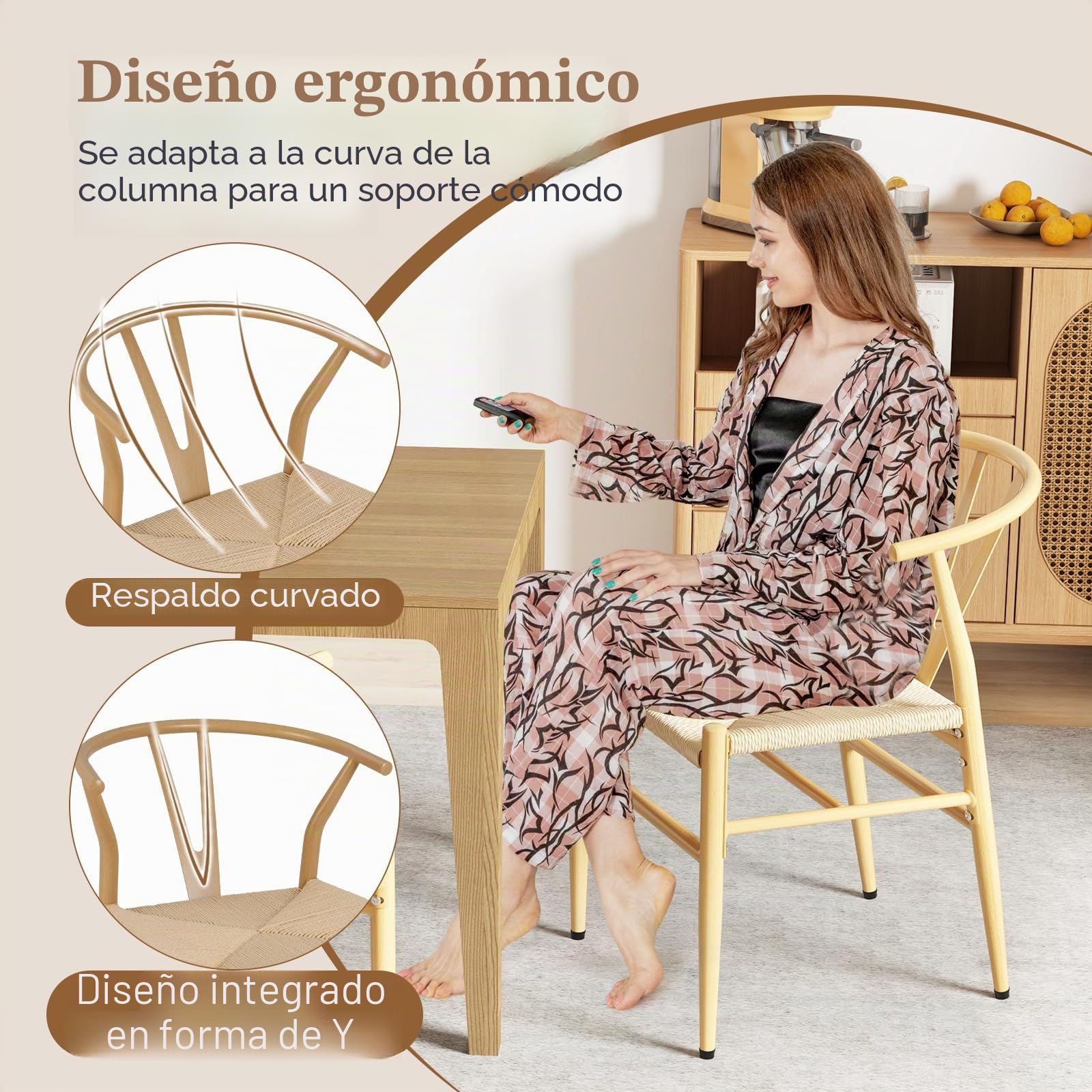 GIANTEX Juego de 2 Sillas de Comedorcon Diseño Apilable, 54 x 59 x 73 cm, Sillas Modernas con Respaldo Curvado y Asiento de Ratán, Carga hasta 150 kg, para Cocina, Salón (Natural)