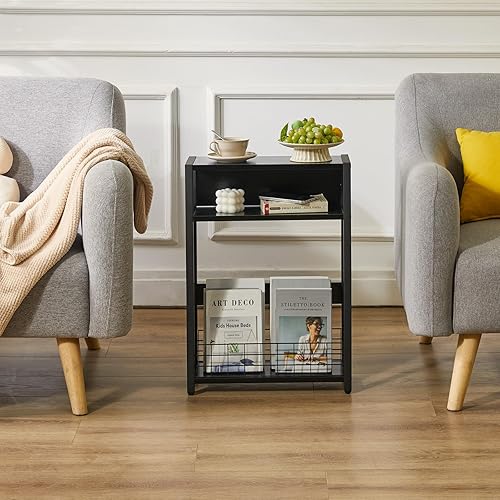 Miniatura 5 de IBUYKE Mesa auxiliar estrecha con estante de almacenamiento, mesa auxiliar de 3 niveles, mesa de sofá moderna, mesita de noche pequeña con