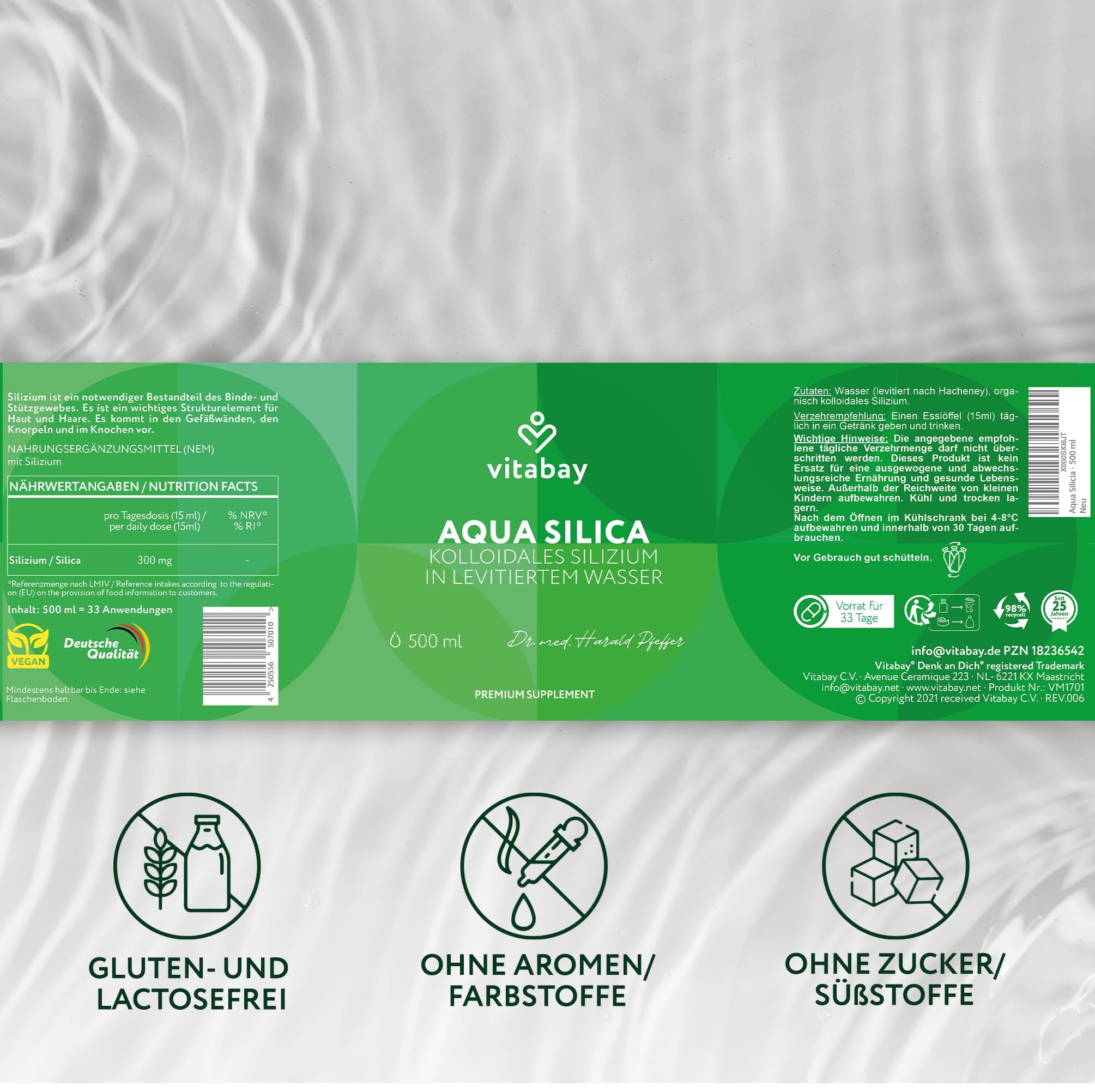 Vitabay Aqua Silica 500 ml • Organisch kolloidales Silizium in levitiertem Wasser • Wichtiges Element für Haut, Haare und Nägel • Vegan • Made in Germany